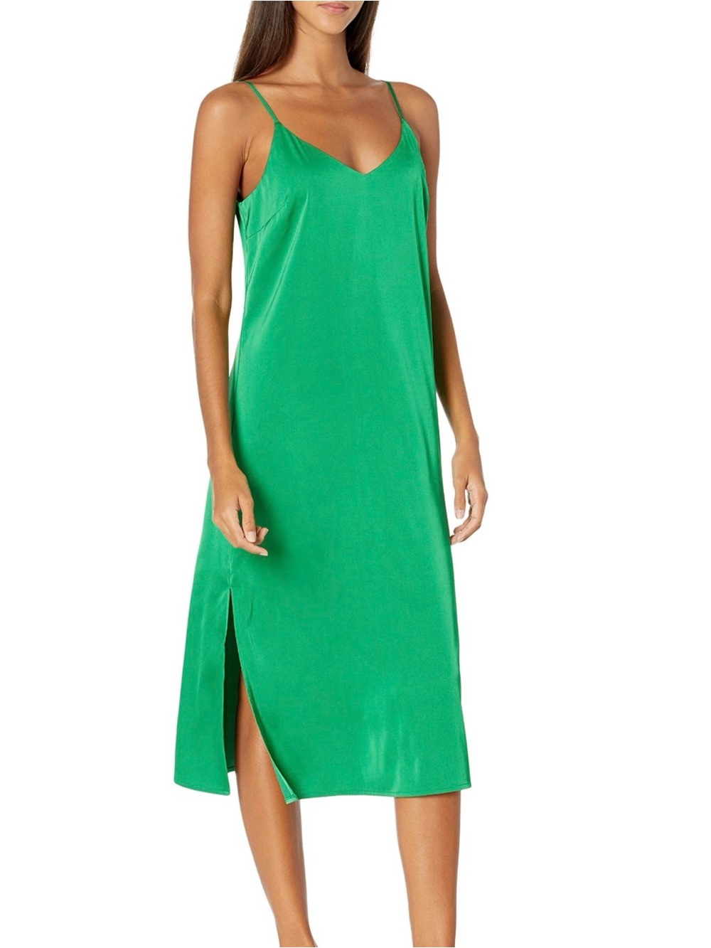 THE DROP Emerald Green Satin Midi Slip Dress w Side Slits